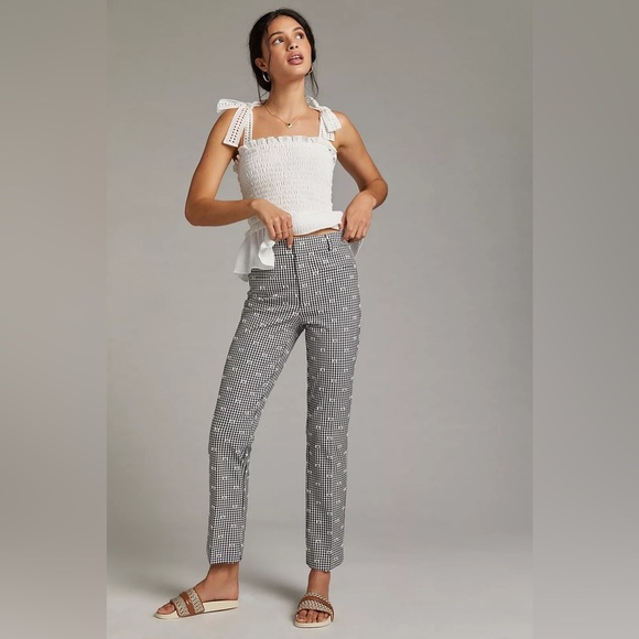 Anthropologie Maeve The Essential Slim Flared Pants Black and White Gingham 6 - Picture 4 of 11